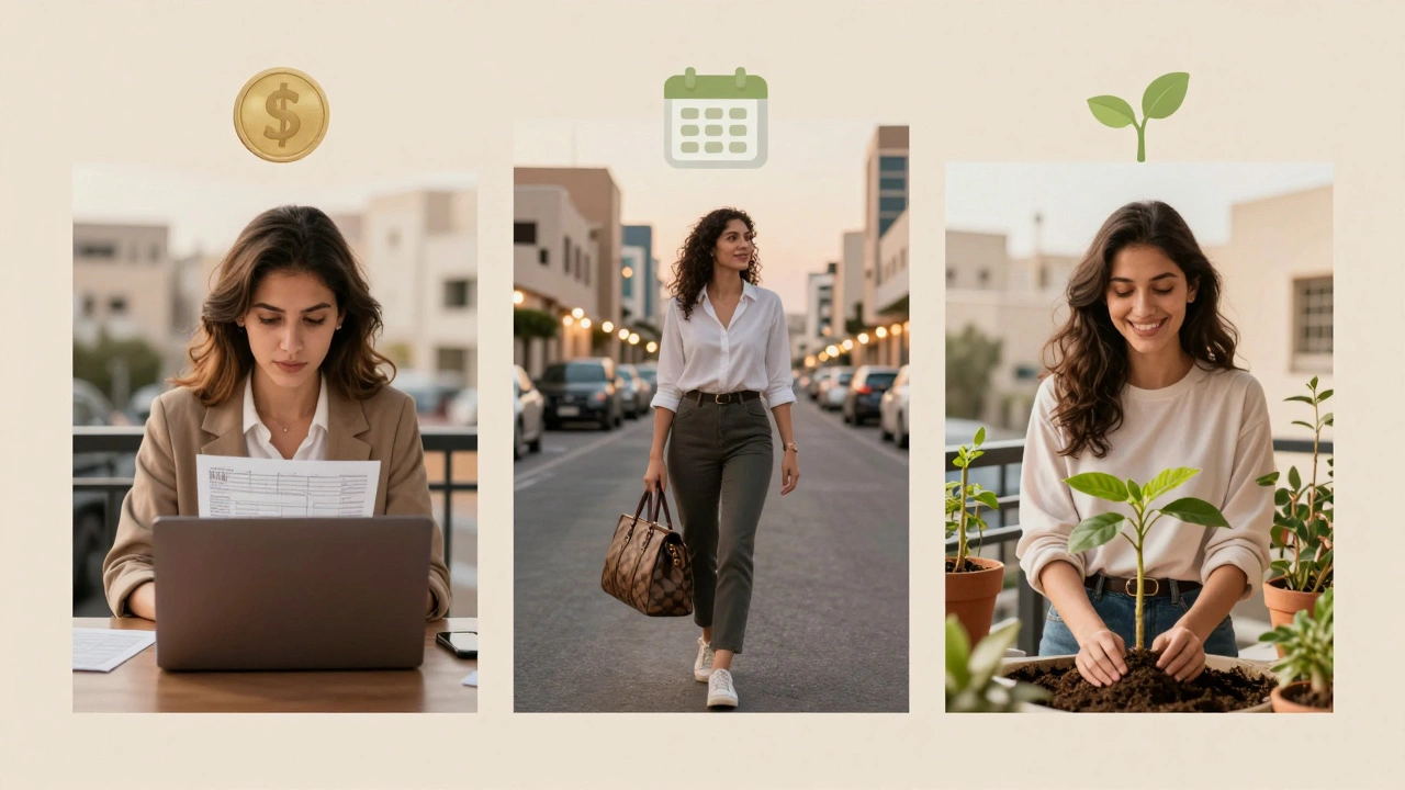 Three quiet moments symbolizing financial independence: filing taxes, walking confidently, and planting a tree.